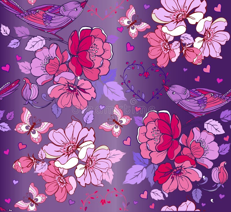 Teste padrão sem emenda multicolorido com flores, pássaros, coração em um azul ilustração do vetor Teste padrão sem emenda multicolorido com flores, pássaros, coração em um azul ilustração do vetor