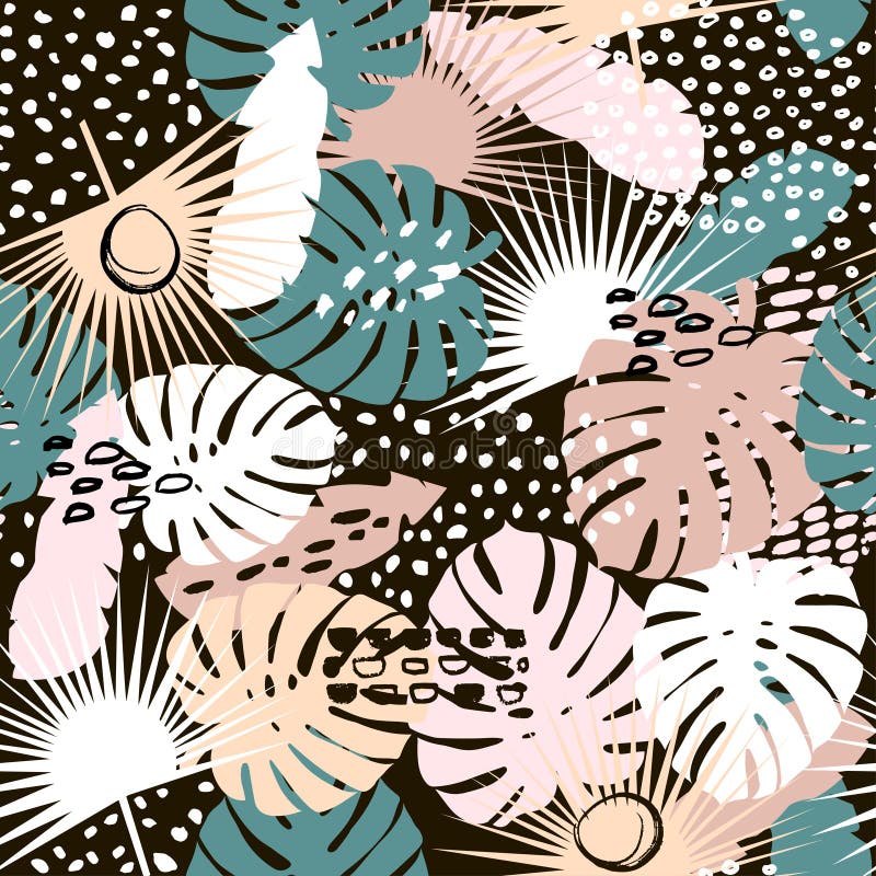 Teste padrão sem emenda na moda do ramo da palma com elementos tirados mão Fundo da folha de Monstera Grande para a tela, matéria ilustração royalty free Teste padrão sem emenda na moda do ramo da palma com elementos tirados mão Fundo da folha de Monstera Grande para a tela, matéria ilustração royalty free