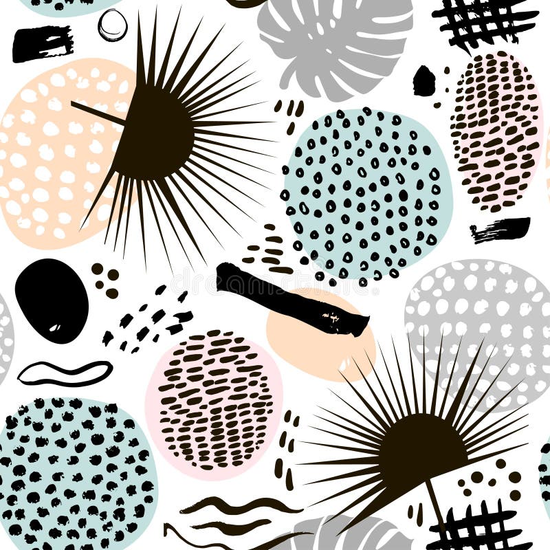 Teste padrão sem emenda na moda do ramo da palma com elementos tirados mão Fundo da folha de Monstera Grande para a tela, vetor I ilustração do vetor Teste padrão sem emenda na moda do ramo da palma com elementos tirados mão Fundo da folha de Monstera Grande para a tela, vetor I ilustração do vetor