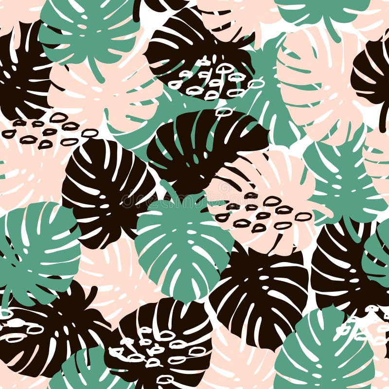 Teste padrão sem emenda na moda do ramo da palma com elementos tirados mão Fundo da folha de Monstera Grande para a tela, vetor I ilustração royalty free Teste padrão sem emenda na moda do ramo da palma com elementos tirados mão Fundo da folha de Monstera Grande para a tela, vetor I ilustração royalty free
