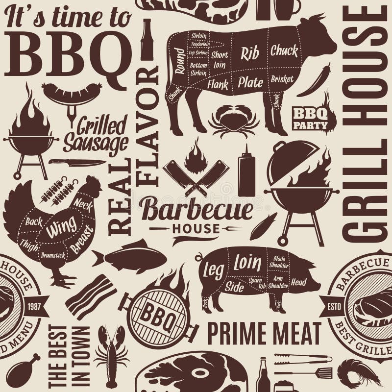 Typographic vector barbecue seamless pattern or background. BBQ, meat, vegetables, beer, wine and equipment icons for cafe, bar and restaurant menu, brandign and identity. Typographic vector barbecue seamless pattern or background. BBQ, meat, vegetables, beer, wine and equipment icons for cafe, bar and restaurant menu, brandign and identity