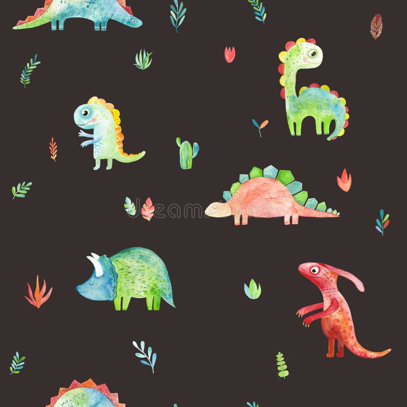 Teste padrão sem emenda tirado mão com dinossauros e elementos florais Projeto bonito da ilustração da aquarela ilustração royalty free Teste padrão sem emenda tirado mão com dinossauros e elementos florais Projeto bonito da ilustração da aquarela ilustração royalty free