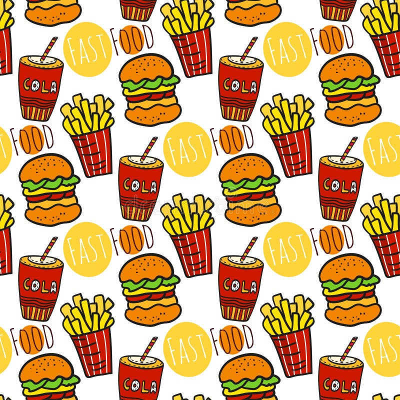 Teste padrão sem emenda tirado mão com fast food Alimento da rua da garatuja Frita a batata, a cola e o fundo dos hamburgueres ilustração stock Teste padrão sem emenda tirado mão com fast food Alimento da rua da garatuja Frita a batata, a cola e o fundo dos hamburgueres ilustração stock