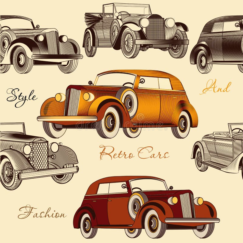 Teste padrão sem emenda à moda do papel de parede com carros retros ilustração do vetor Teste padrão sem emenda à moda do papel de parede com carros retros ilustração do vetor