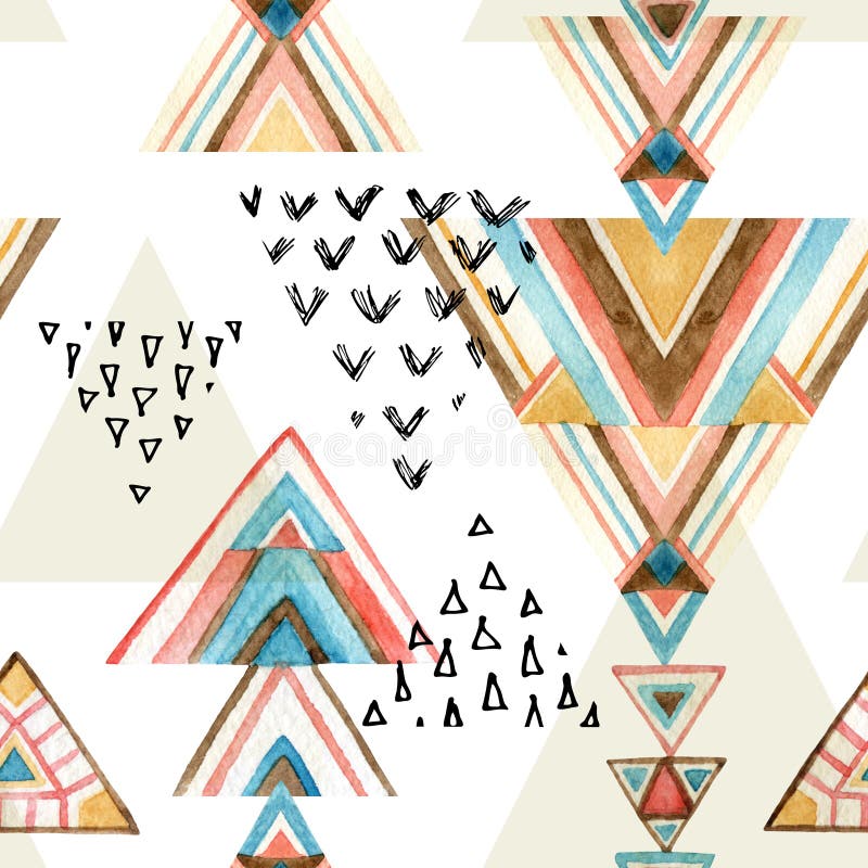 Abstract watercolor geometric seamless pattern. Triangles with aztec ornament, watercolor and grunge textures. Geometrical background in tribal style. Hand painted ethnic illustration. Abstract watercolor geometric seamless pattern. Triangles with aztec ornament, watercolor and grunge textures. Geometrical background in tribal style. Hand painted ethnic illustration