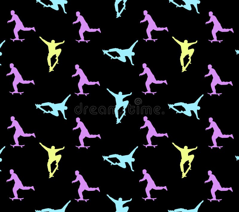 Teste padrão skateboarding sem emenda com as silhuetas multi-coloridas dos skateres no fundo preto ilustração do vetor Teste padrão skateboarding sem emenda com as silhuetas multi-coloridas dos skateres no fundo preto ilustração do vetor