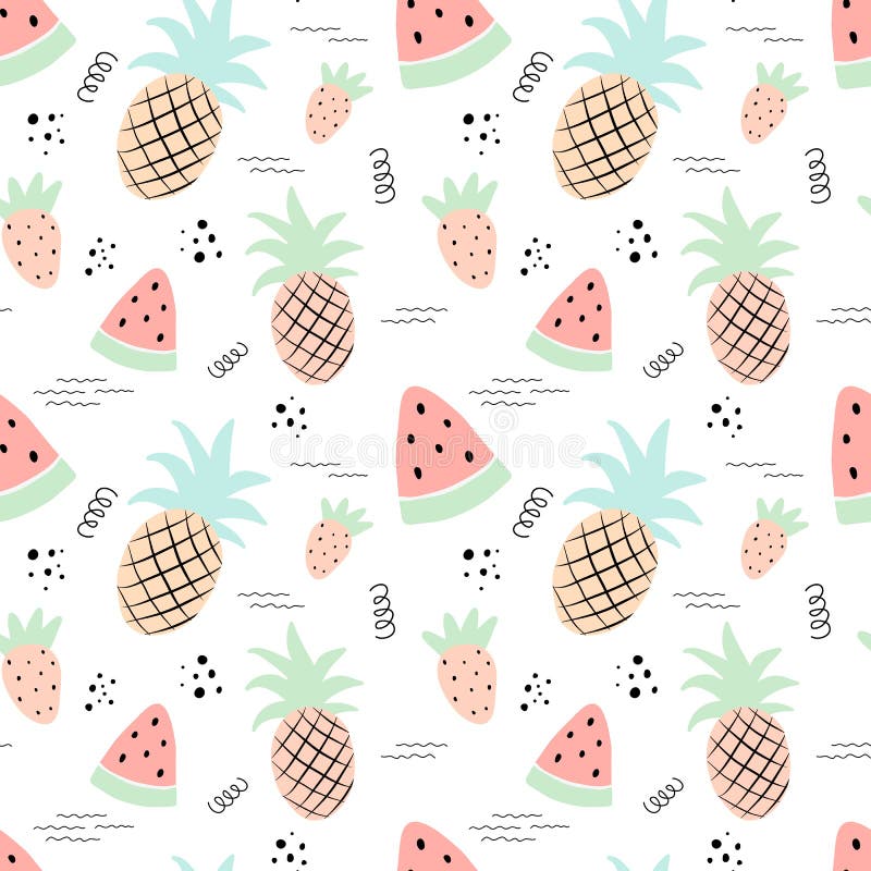 Teste padrão tropical sem emenda com abacaxi, melancia, morango Ilustração do verão do vetor de um flamingo para crianças, matéri ilustração stock Teste padrão tropical sem emenda com abacaxi, melancia, morango Ilustração do verão do vetor de um flamingo para crianças, matéri ilustração stock