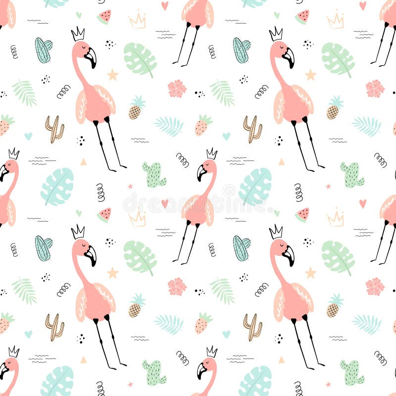 Teste padrão tropical sem emenda com flamingos cor-de-rosa, coroa, folhas, cactos, monstera Ilustração desenhado à mão do verão d ilustração do vetor Teste padrão tropical sem emenda com flamingos cor-de-rosa, coroa, folhas, cactos, monstera Ilustração desenhado à mão do verão d ilustração do vetor