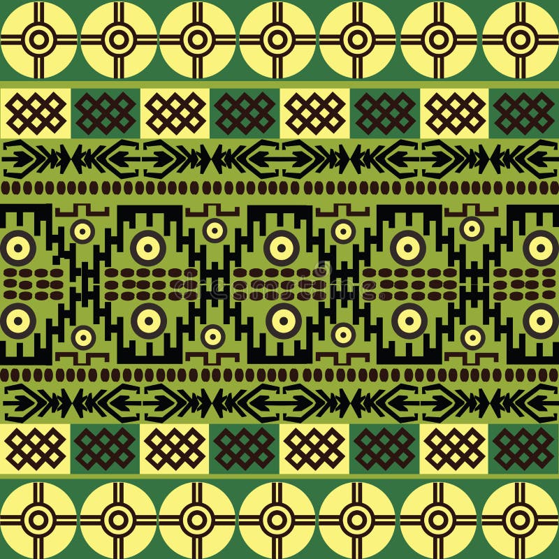 Ethnic pattern with african symbols & ornaments in green and yellow. Ethnic pattern with african symbols & ornaments in green and yellow