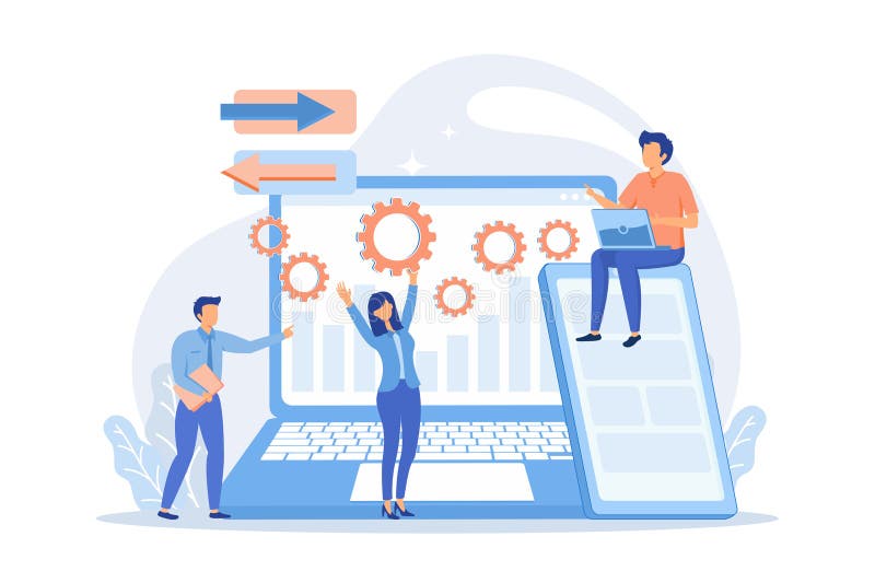 Tester and developer work with laptop and tablet. Cross platform bug founding vector illustration
