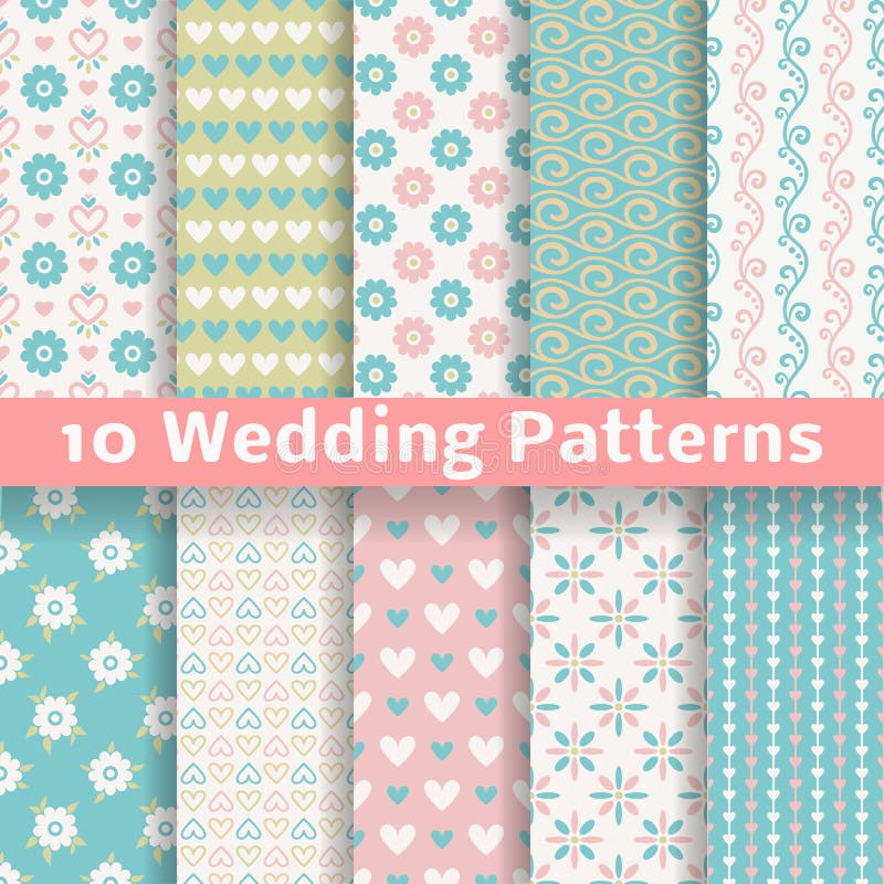 10 Pastel loving wedding vector seamless patterns (tiling). Fond pink, green, white and blue colors. Endless texture can be used for printing onto fabric and paper or invitation. Heart, flower, curl. 10 Pastel loving wedding vector seamless patterns (tiling). Fond pink, green, white and blue colors. Endless texture can be used for printing onto fabric and paper or invitation. Heart, flower, curl.