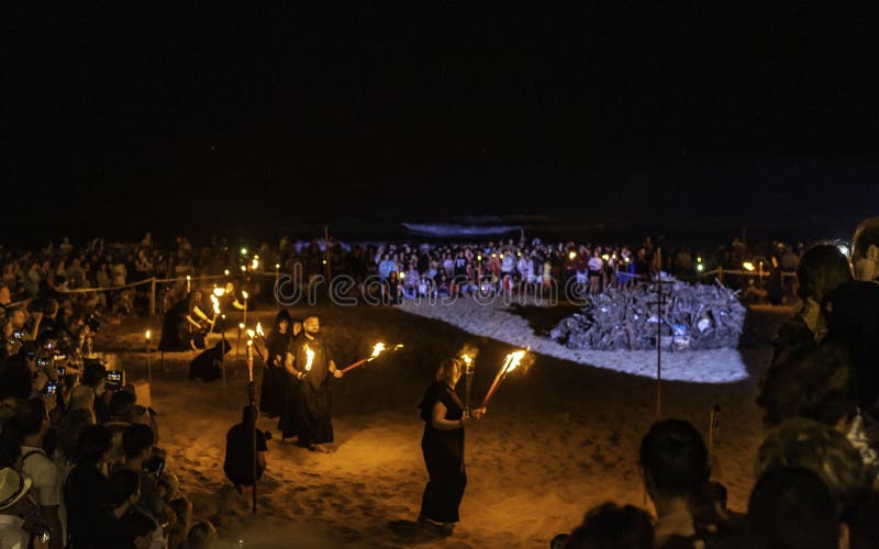 Witches and sorcerers worshiping the fire on the beach. Witches and sorcerers worshiping the fire on the beach