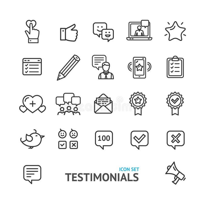 Testimonial, Feedback and Review Signs Black Thin Line Icon Set. Vector royalty free illustration Testimonial, Feedback and Review Signs Black Thin Line Icon Set. Vector royalty free illustration