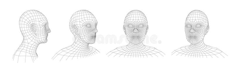 Testina umana wireframe. faccia retrata di maglia con matrice poligonale ritratto da uomo a matrice poligonale e serie di illustra illustrazione vettoriale