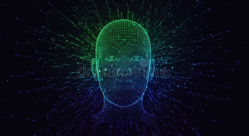 Testina wireframe digitale umana che rappresenta l'intelligenza artificiale e la rete dati illustrazione vettoriale