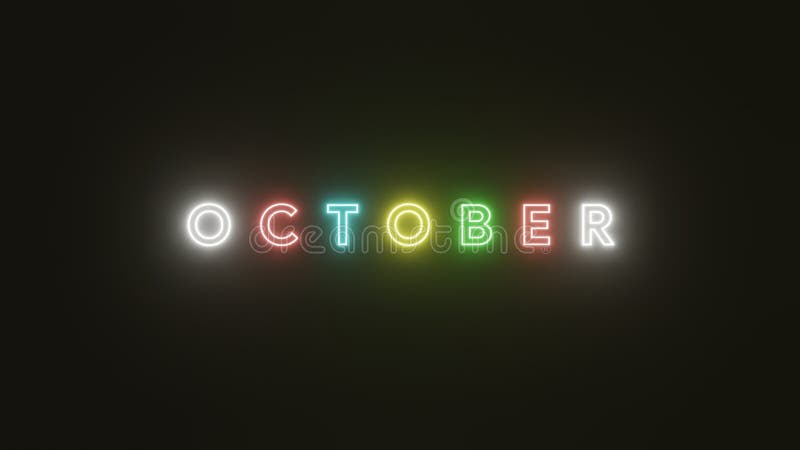 Testo di ottobre neon light colorato su sfondo nero semplice rendering 3d. simbolo di neon per ottobre illustrazione di stock