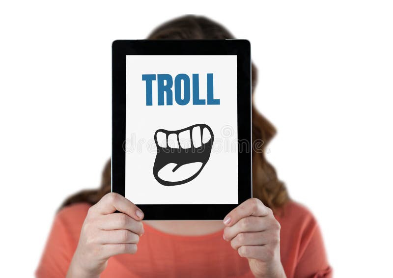 Testo di Troll con la bocca del fumetto sulla compressa sopra il fronte della donna illustrazione vettoriale Testo di Troll con la bocca del fumetto sulla compressa sopra il fronte della donna illustrazione vettoriale