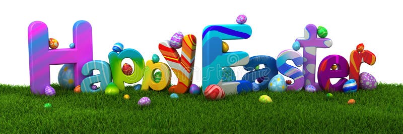 Testo felice di Pasqua con le uova variopinte su erba verde royalty illustrazione gratis