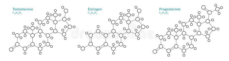 Testosterona estrógeno progesterona. hormonas sexuales masculinas y femeninas. fórmula química estructural y modelo de molécula. d