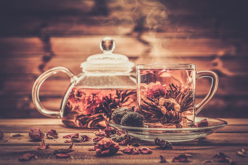 Tetera de cristal con la flor floreciente del té fotografía de archivo libre de regalías