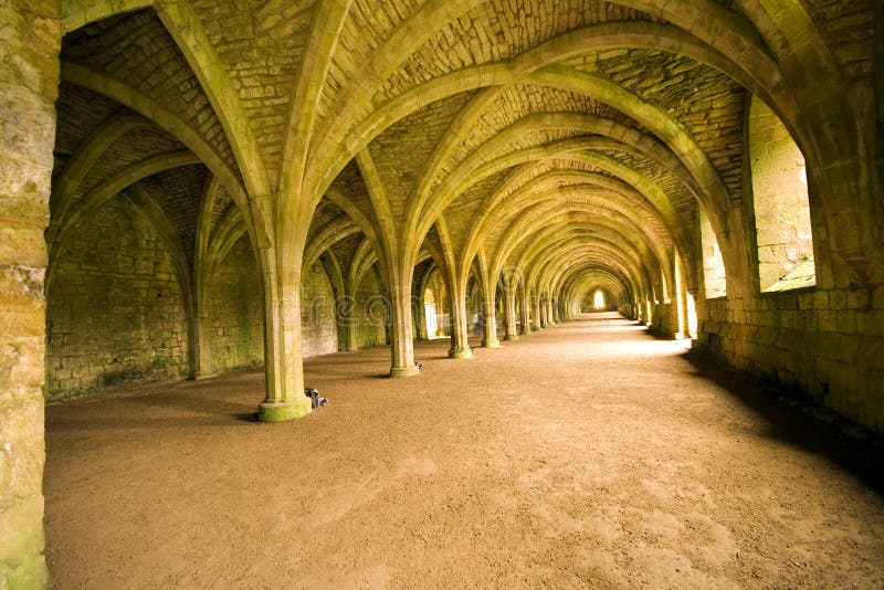 Vaulted stone ceilings in the cellar at Fountains Abbey, an old monastery in North Yorkshire, England. Vaulted stone ceilings in the cellar at Fountains Abbey, an old monastery in North Yorkshire, England.