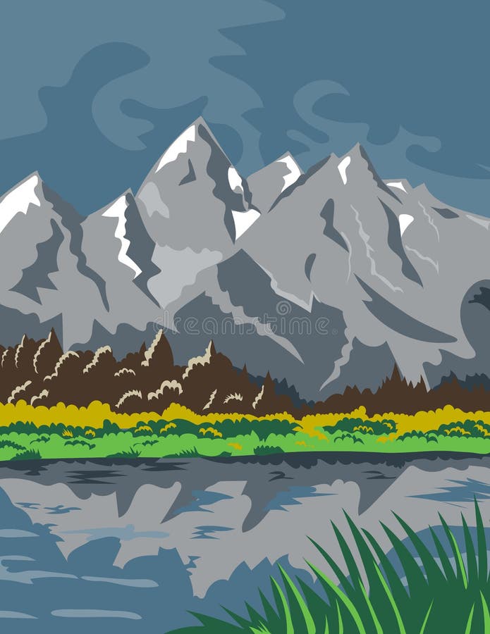 Teton nationalpark belägen i en jackson, där det förenade staterna är färg på affischkonst stock illustrationer Teton nationalpark belägen i en jackson, där det förenade staterna är färg på affischkonst stock illustrationer