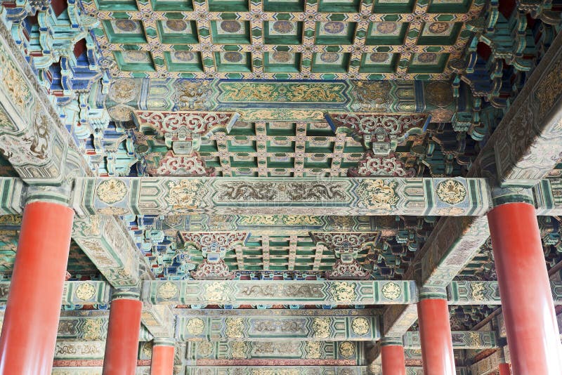 The ceilings of a walkway in the Forbidden City in Beijing covered with old painting in bright colors with red pillars. The ceilings of a walkway in the Forbidden City in Beijing covered with old painting in bright colors with red pillars.