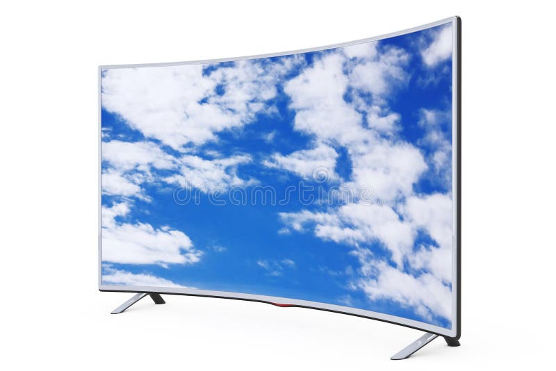 Tevê do plasma do LCD ou monitor esperto curvado com opinião do céu renderin 3D ilustração stock Tevê do plasma do LCD ou monitor esperto curvado com opinião do céu renderin 3D ilustração stock