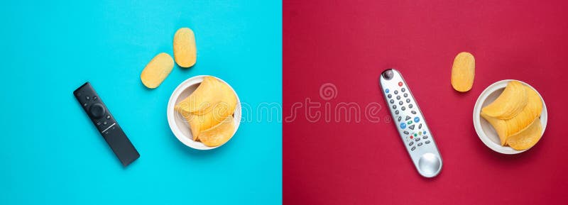 Tevê remota, microplaquetas de batata em uma placa imagem de stock Tevê remota, microplaquetas de batata em uma placa imagem de stock