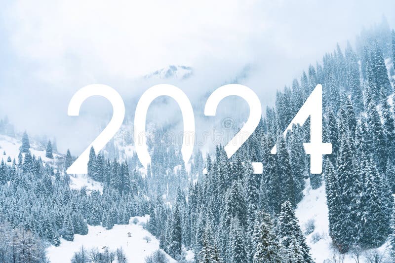 Text 2025 in the Forest Covered with Snow in Winter in the Mountains
