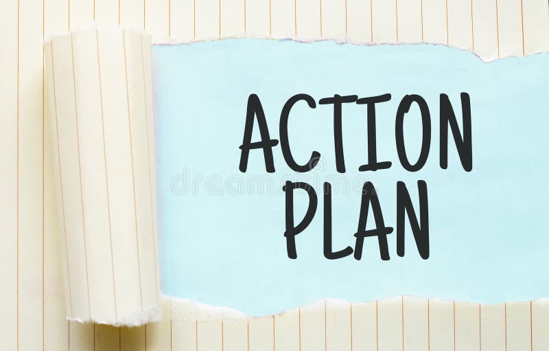 The text ACTION PLAN appearing behind torn white paper royalty free stock photography