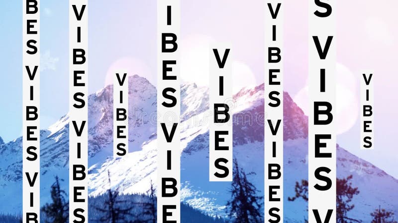 Text animation Vibes over snowy mountain landscape with trees stock video
