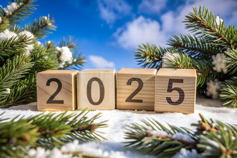 Text2025in bloques de madera sobre la parte superior de la madera concepto de ideas para un año nuevo feliz completo con elementos hermosos componen la luz natural