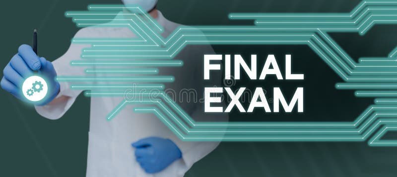 Text caption presenting Final Exam. Business idea test given to student at the end of a course of study or training stock illustration