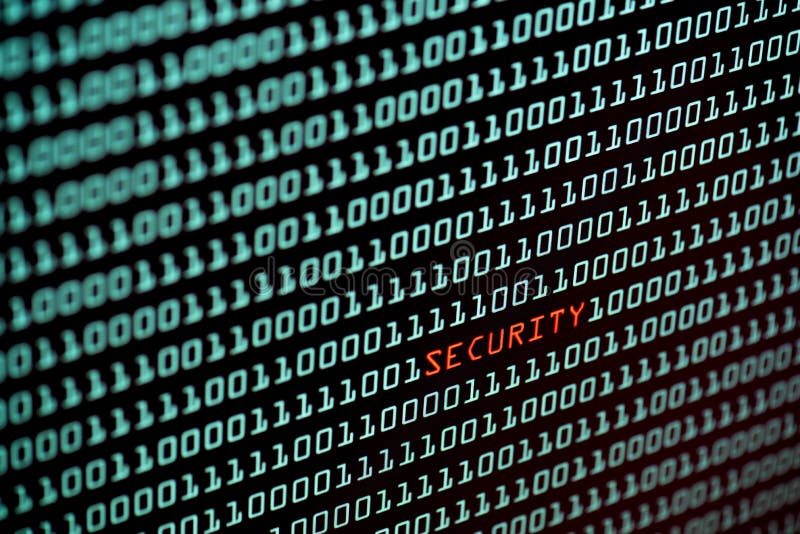 Text de securitate și concept de cod binar de pe ecranul desktop, cu focalizare selectivă stock photo