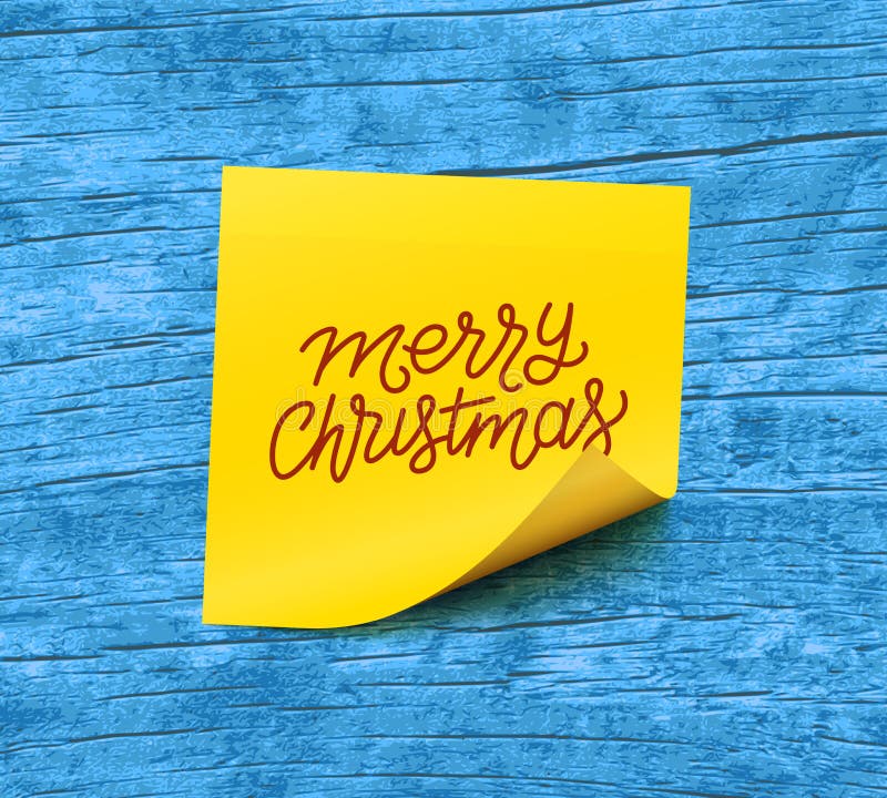 Text der frohen Weihnachten auf gelbem klebrigem Briefpapier stock abbildung
