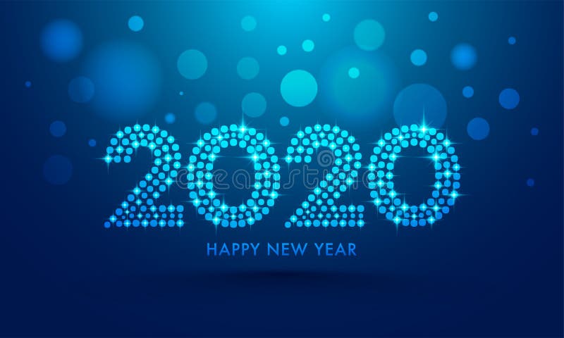 2020 text in dots pattern with lighting effect on blue bokeh background for Happy New Year celebration greeting card design. Lighting bokeh illustrations