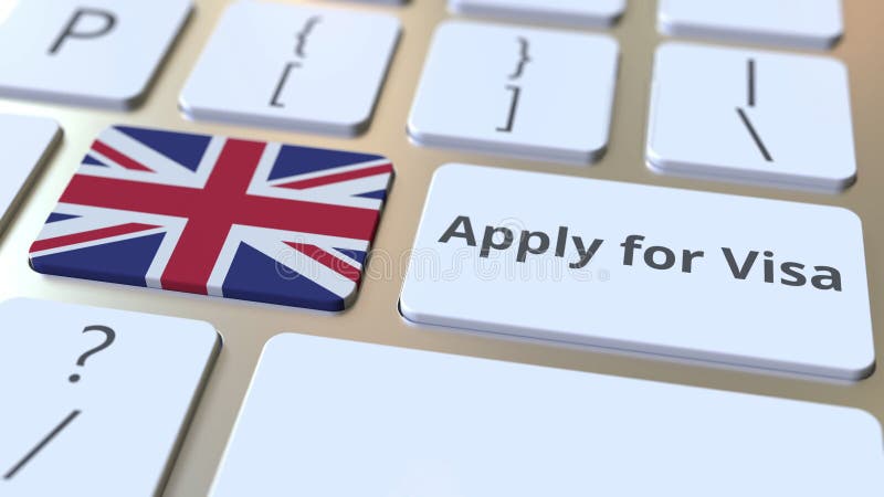 APPLY FOR VISA text and flag of Great Britain on the buttons on the computer keyboard. Conceptual 3D animation