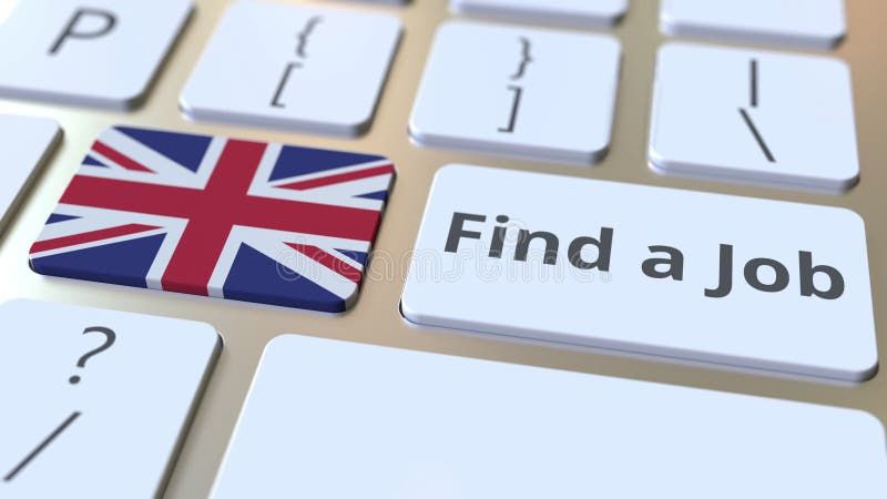 Find a Job text and flag of Great Britain on the buttons on the computer keyboard. Employment related conceptual 3D