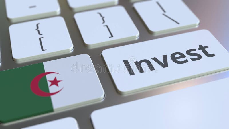 INVEST text and flag of Algeria on the buttons on the computer keyboard. Business related conceptual 3D rendering royalty free illustration
