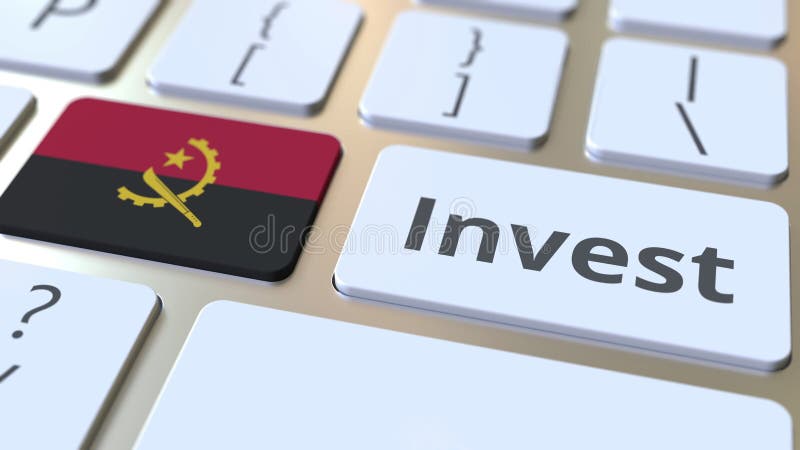 INVEST text and flag of Angola on the buttons on the computer keyboard. Business related conceptual 3D rendering vector illustration