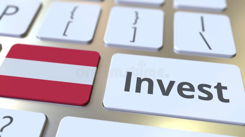 INVEST text and flag of Austria on the buttons on the computer keyboard. Business related conceptual 3D rendering vector illustration