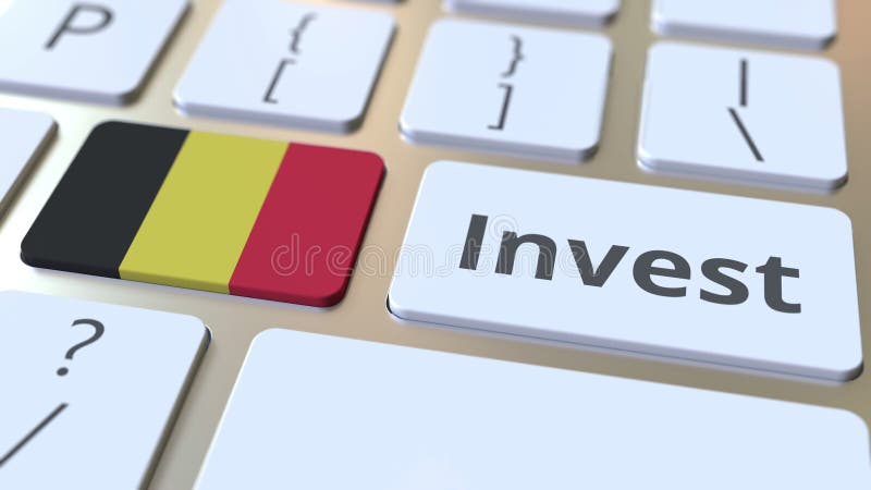 INVEST text and flag of Belgium on the buttons on the computer keyboard. Business related conceptual 3D rendering royalty free illustration