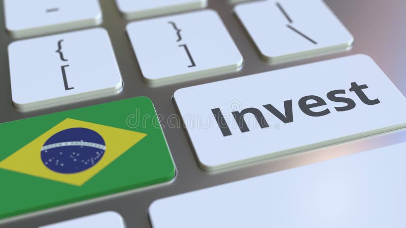 INVEST text and flag of Brazil on the buttons on the computer keyboard. Business related conceptual 3D rendering vector illustration