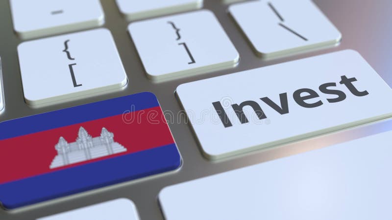 INVEST text and flag of Cambodia on the buttons on the computer keyboard. Business related conceptual 3D rendering stock illustration