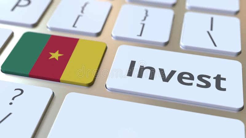 INVEST text and flag of Cameroon on the buttons on the computer keyboard. Business related conceptual 3D rendering stock illustration