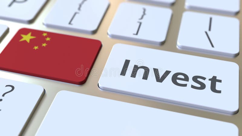 INVEST text and flag of China on the buttons on the computer keyboard. Business related conceptual 3D rendering royalty free illustration