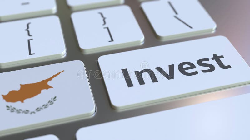 INVEST text and flag of Cyprus on the buttons on the computer keyboard. Business related conceptual 3D rendering stock illustration