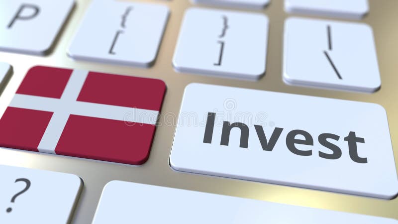 INVEST text and flag of Denmark on the buttons on the computer keyboard. Business related conceptual 3D rendering vector illustration