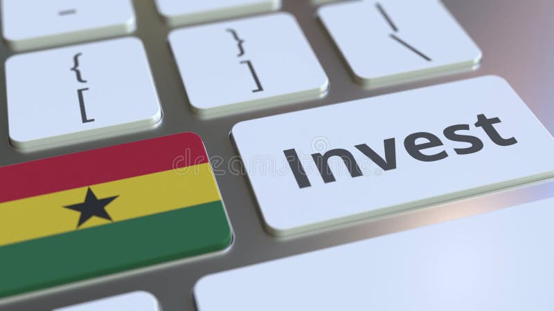 INVEST text and flag of Ghana on the buttons on the computer keyboard. Business related conceptual 3D rendering vector illustration